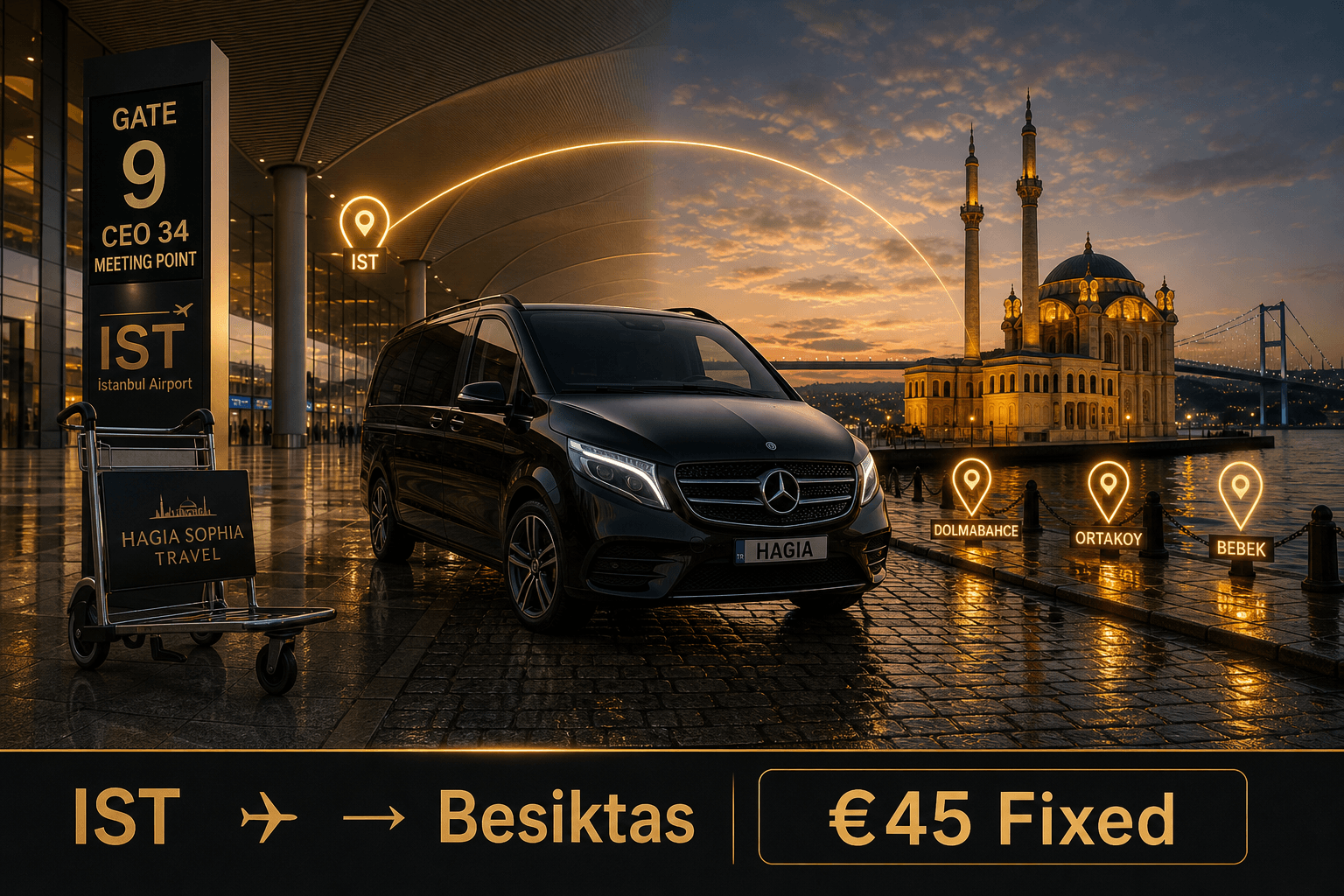 istanbul airport to besiktas private transfer cover IST Gate 9 to Beşiktaş