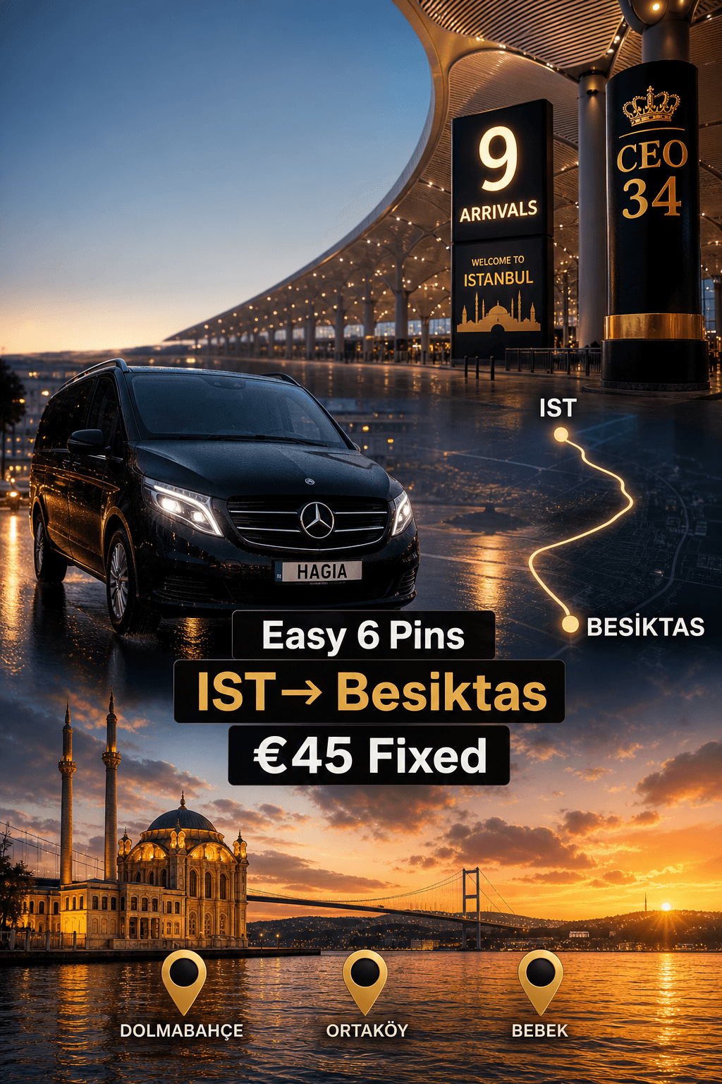 istanbul airport to besiktas private transfer cover IST Gate 9 to Beşiktaş