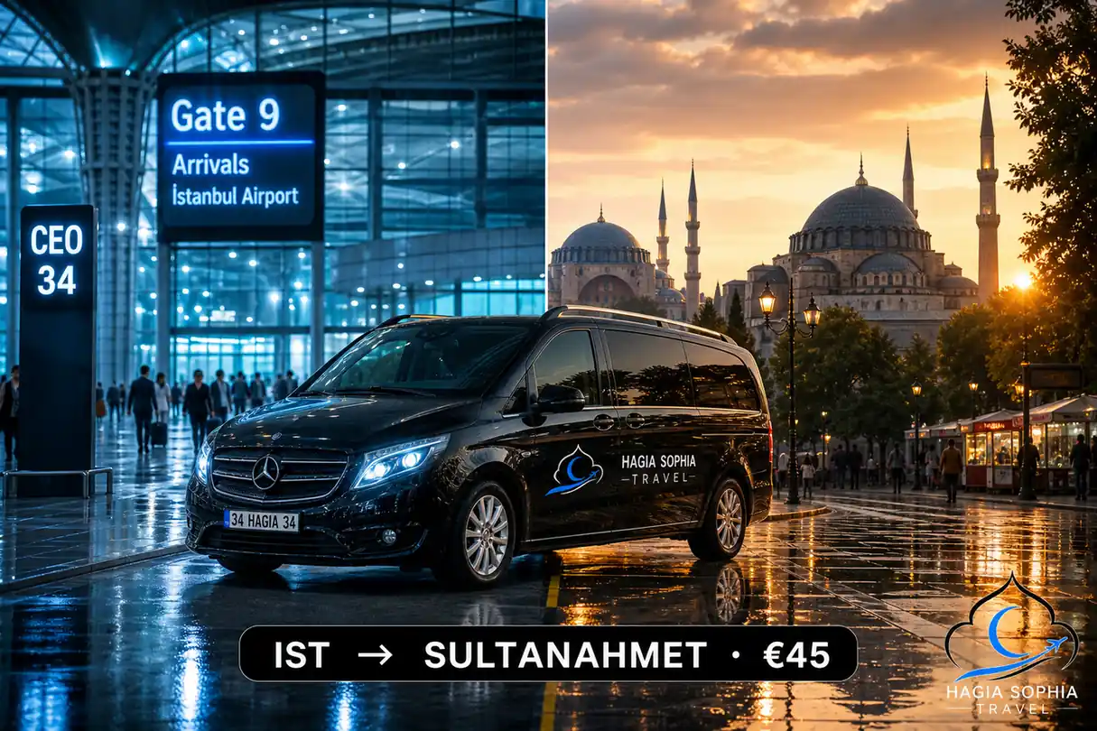 sultanahmet to istanbul airport Hagia Sophia Travel fixed €45 leave clock cover