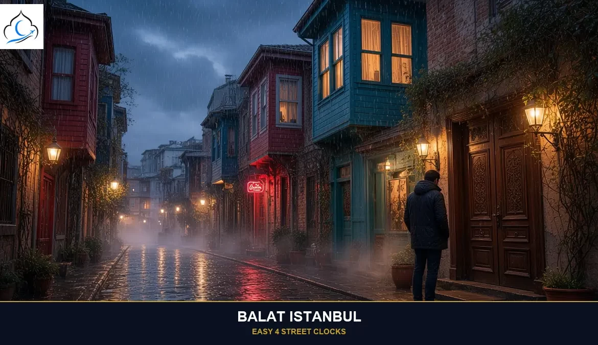 balat istanbul rain night at a closed door, Easy 4 street clocks