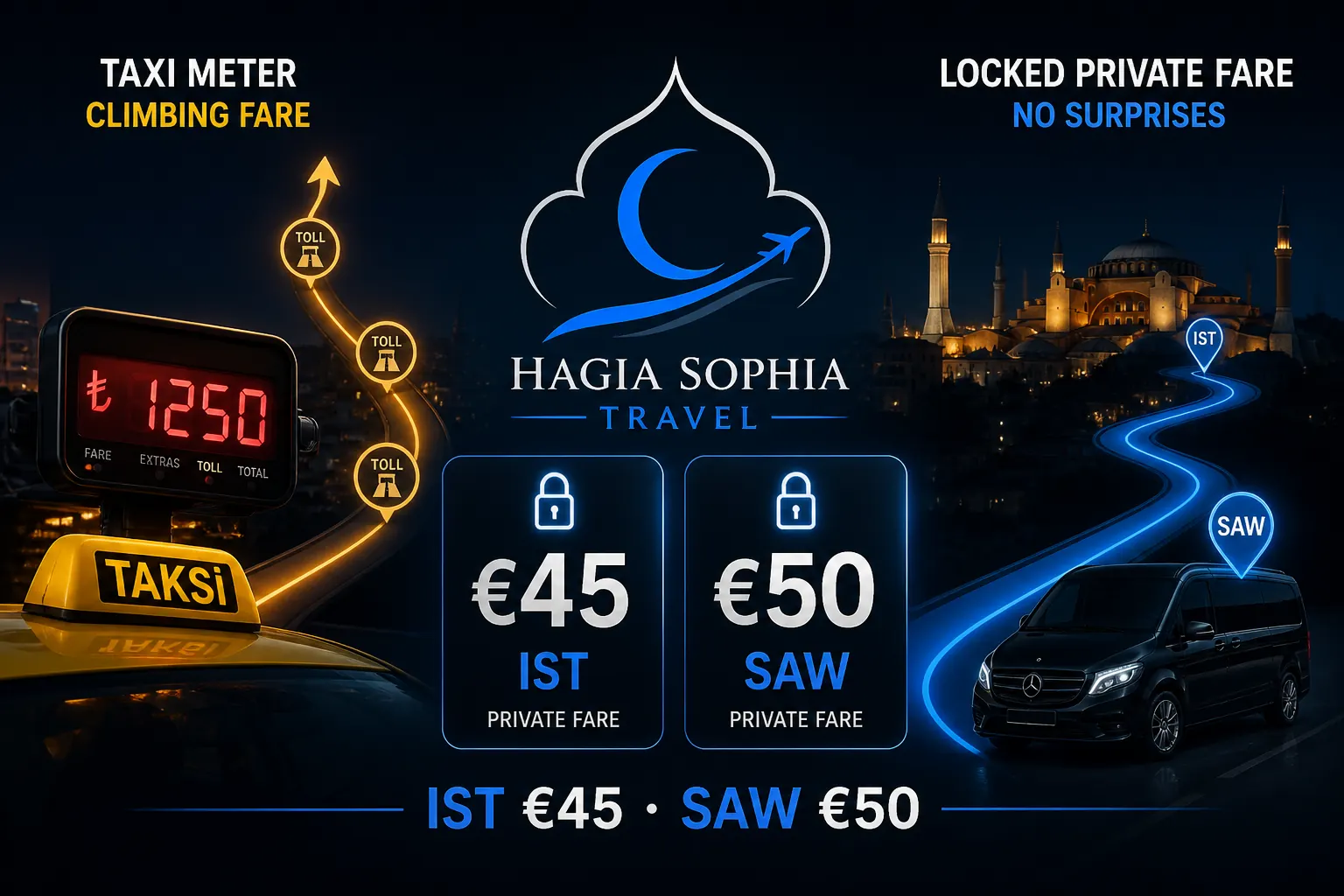 istanbul airport taxi price Hagia Easy 5 meter vs fixed €45 cover