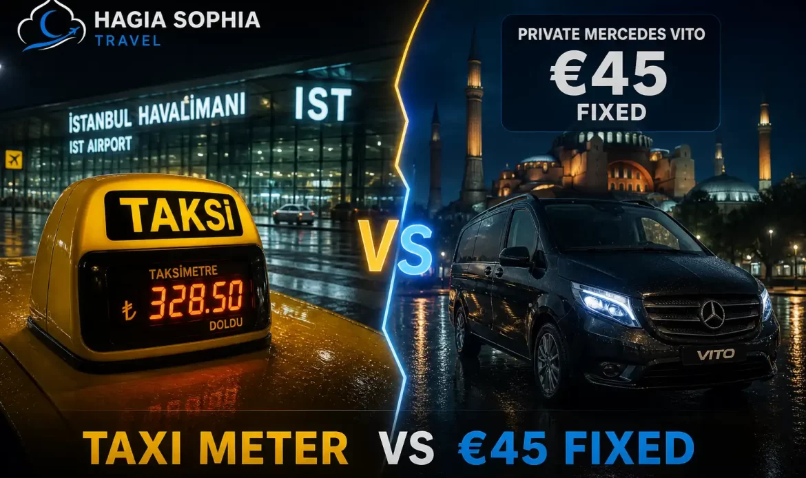 istanbul airport taxi price Hagia Easy 5 meter vs fixed €45 cover