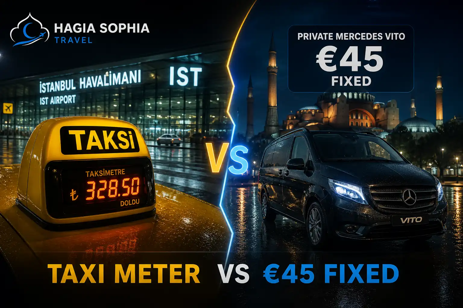 istanbul airport taxi price Hagia Easy 5 meter vs fixed €45 cover