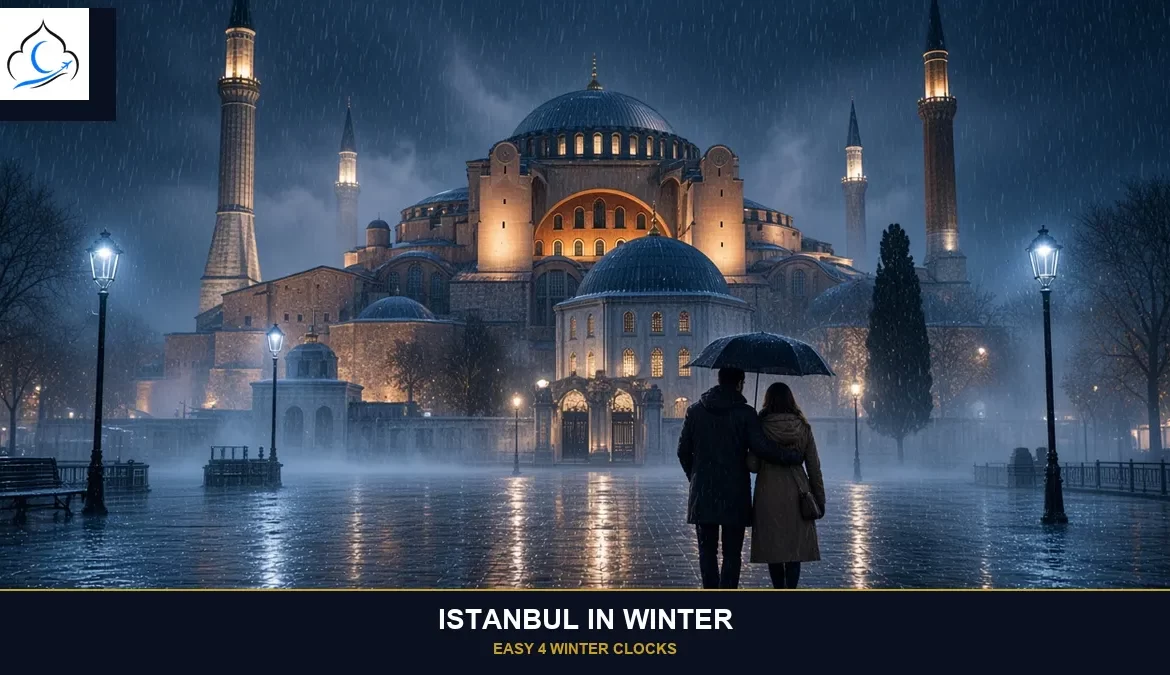 istanbul in winter rain night at Hagia Sophia, Easy 4 winter clocks