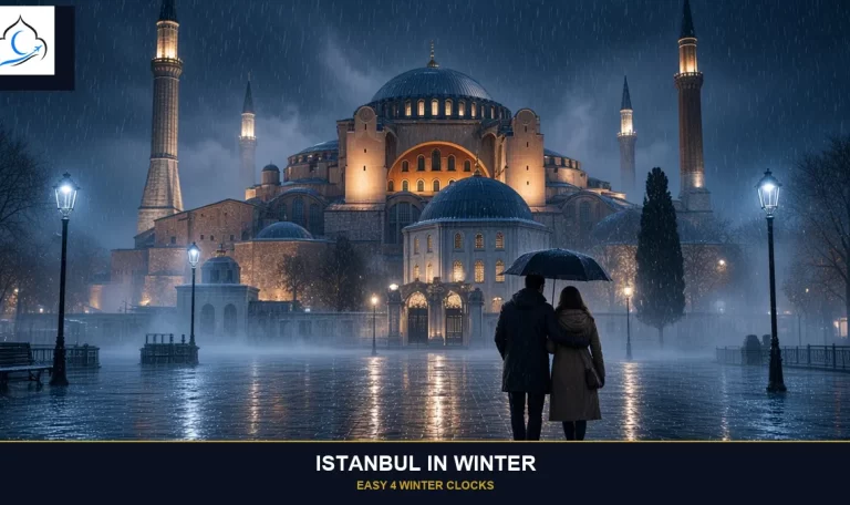 istanbul in winter rain night at Hagia Sophia, Easy 4 winter clocks