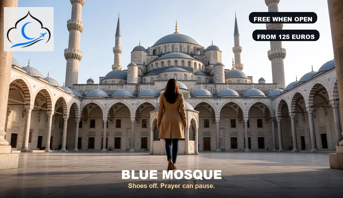 Blue Mosque Istanbul courtyard walk toward the cascading domes