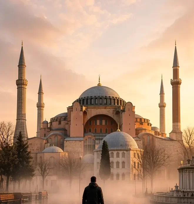 Blue Mosque Istanbul courtyard walk toward the cascading domes