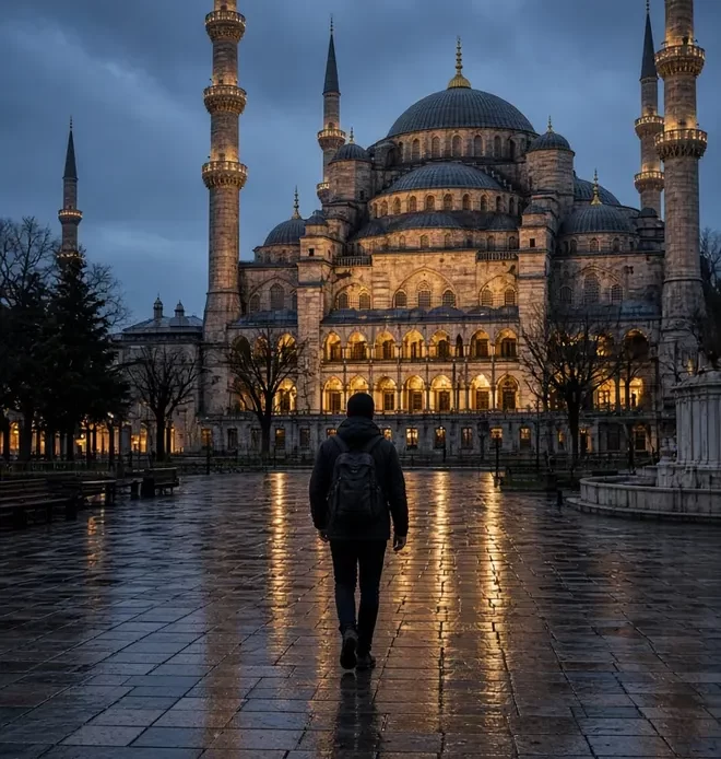 First day in Istanbul, the Blue Mosque lit at dusk after the hotel key