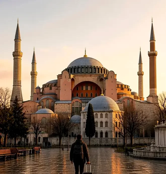 Istanbul 3 day itinerary arrival toward Hagia Sophia at dusk