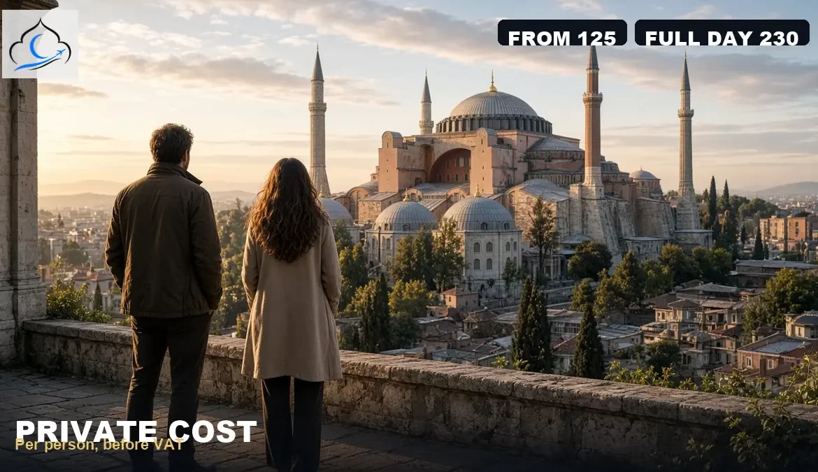 Two travelers facing Hagia Sophia for an istanbul private tour cost