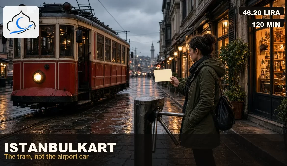 Istanbulkart at a wet Istanbul tram stop, blank card in hand