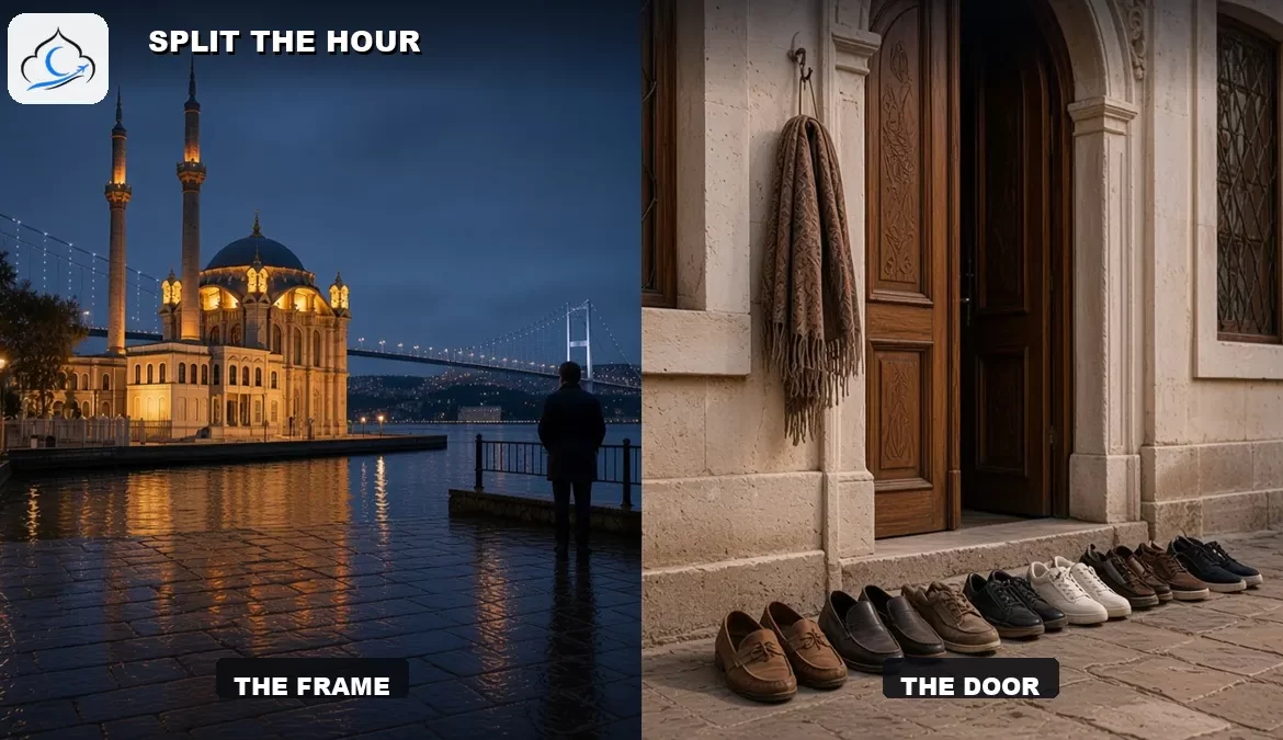 Ortakoy Istanbul mosque at blue hour, wet quay and the bridge