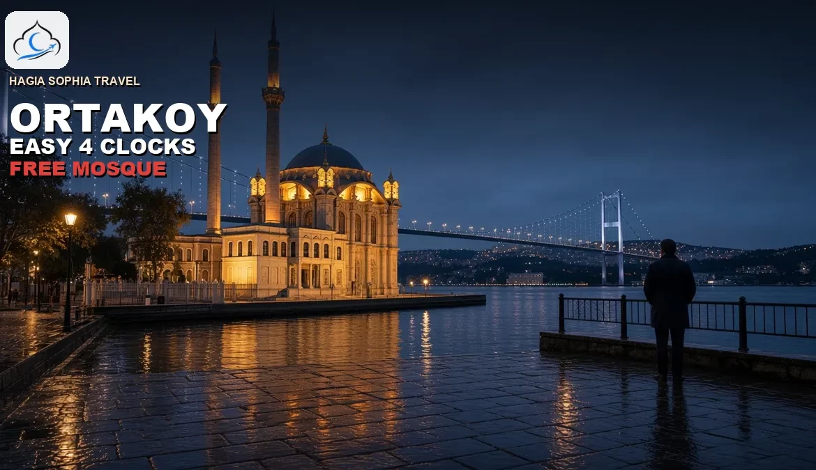 Ortakoy Istanbul mosque at blue hour, wet quay and the bridge