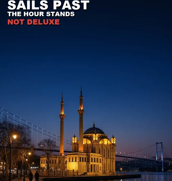 Ortakoy Istanbul mosque at blue hour, wet quay and the bridge