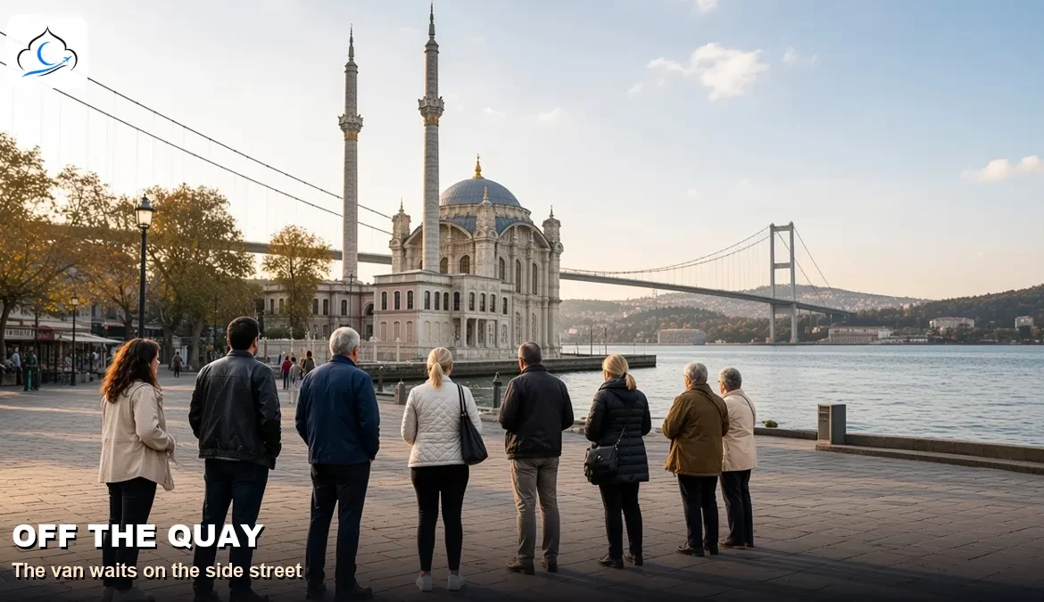 Ortakoy Istanbul mosque at blue hour, wet quay and the bridge