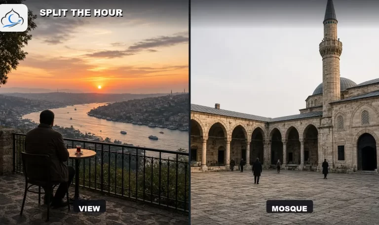 Pierre Loti wet terrace at blue hour above the Golden Horn