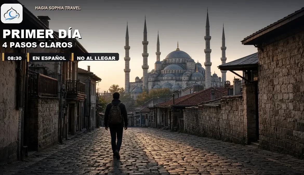 Primer día en Estambul, viajero caminando hacia la Mezquita Azul al amanecer