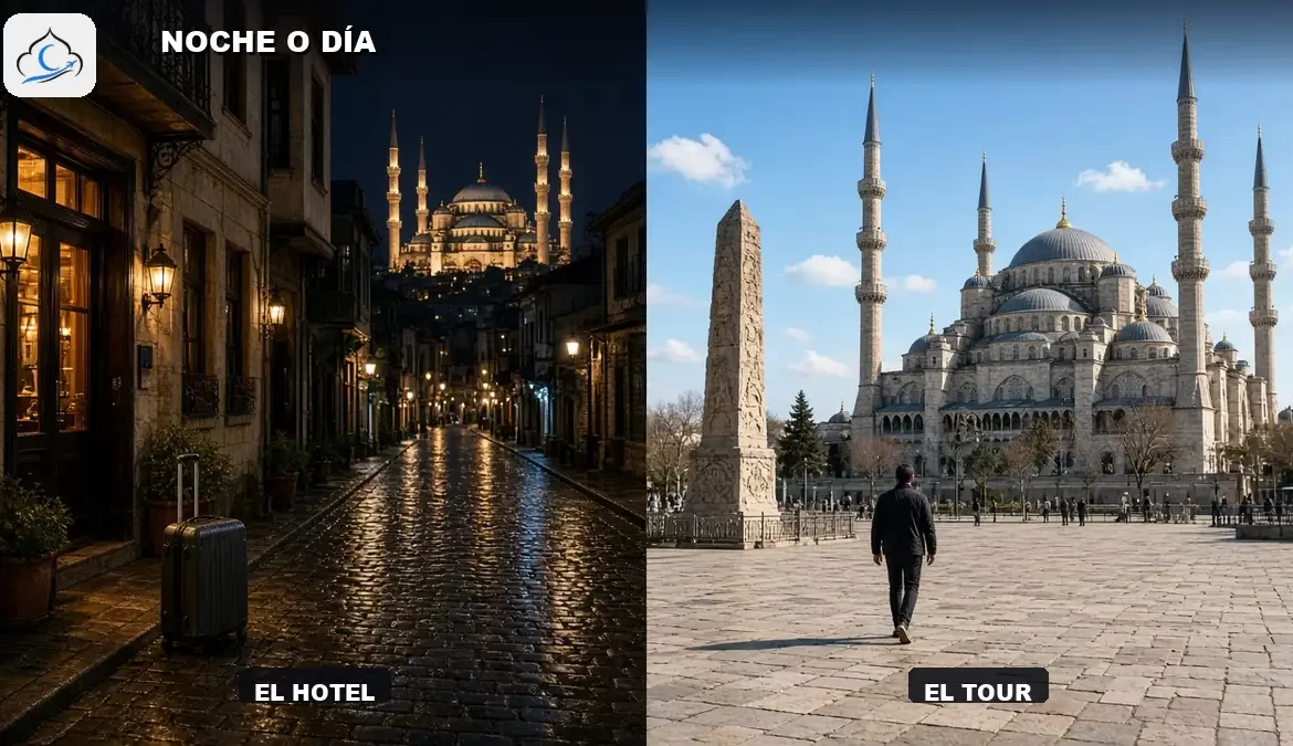 Primer día en Estambul, viajero caminando hacia la Mezquita Azul al amanecer