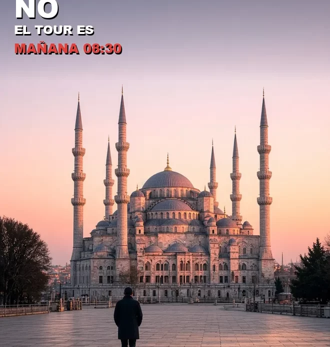 Primer día en Estambul, viajero caminando hacia la Mezquita Azul al amanecer