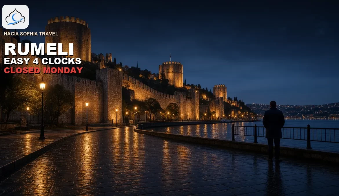 Rumeli Fortress walls at blue hour along the Bosphorus